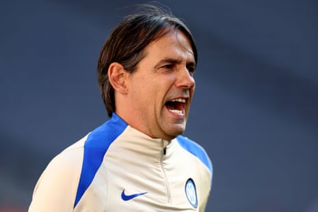 Inter head coach Simone Inzaghi takes training at the Allianz Arena yesterday.