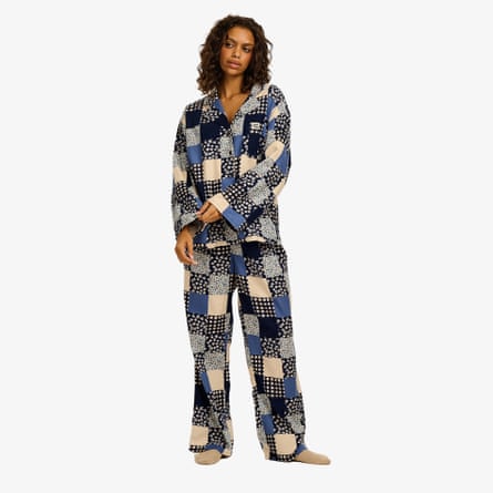 Lucy & Yak Dreamer Brushed Cotton pyjamas Set in Inked Blue Patchwork