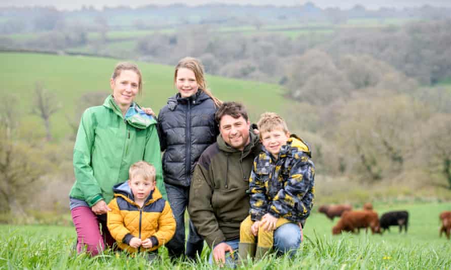 Oliver and Rachel Walker with their children Arthur, 5, Emeline, 9, and Reuben, 2, on Essebeare farm.