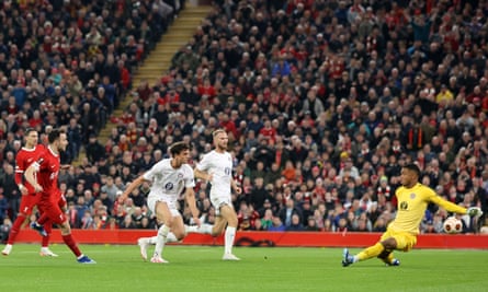 Diogo Jota beats Guillaume Restes to score Liverpool’s opening goal in the Europa League Group E match.