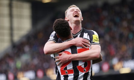 Sean Longstaff shows his delight after scoring Newcastle’s second goal.