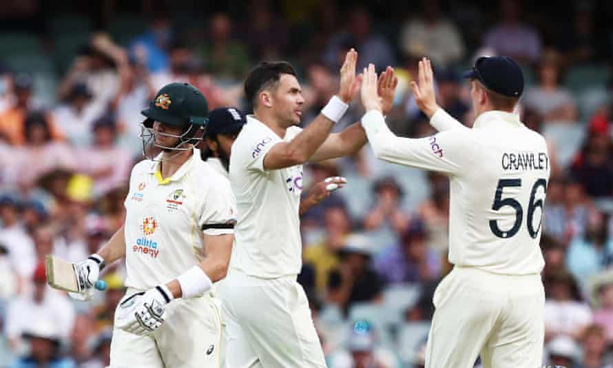 England’s James Anderson celebrates the wicket of Australia’s Steve Smith.