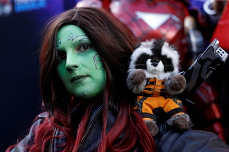 A cosplaying Gamora from Guardians of the Galaxy.