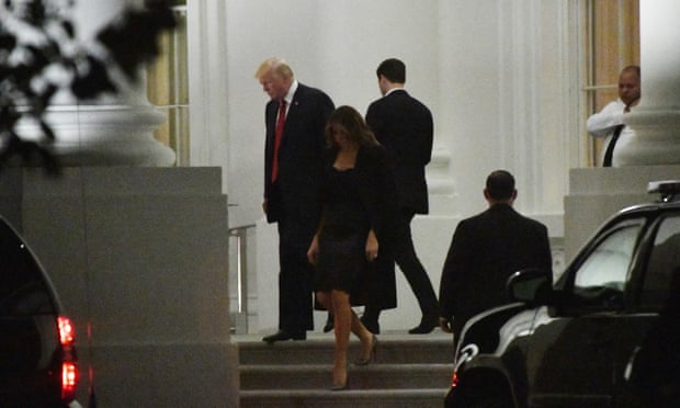 Donald and Melania Trump en route to the Trump international hotel on 28 October. As charges were reportedly filed in Robert Mueller’s investigation, the president hammered Hillary Clinton.