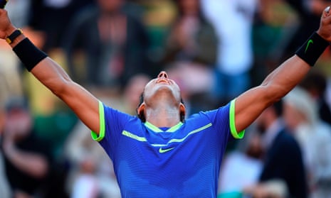 Rafael Nadal celebrates after defeating Dominic Thiem in straight sets.
