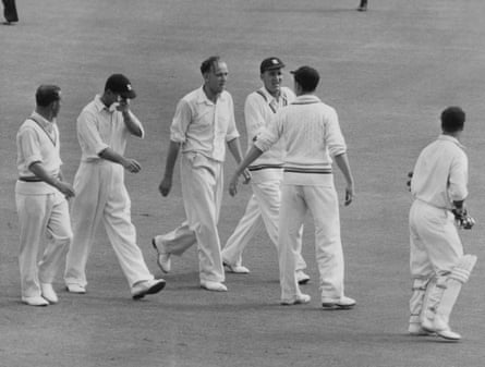 Frank Tyson with other members of the MCC team as he leaves the field at the end of the Second Test against Australia at Sydney Cricket Ground, Sydney, Australia, 22nd December 1954