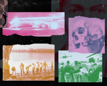 Composite image showing (clockwise from top left) the hijacked plane, a skull found in Oregon in 1975, a helicopter search in Washington in 1976 and a dig on the Columbia River in 1980