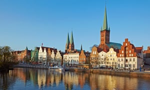 Lübeck, Bach’s final destination, with the spires of St Peter’s church and twin spires of St Mary’s.