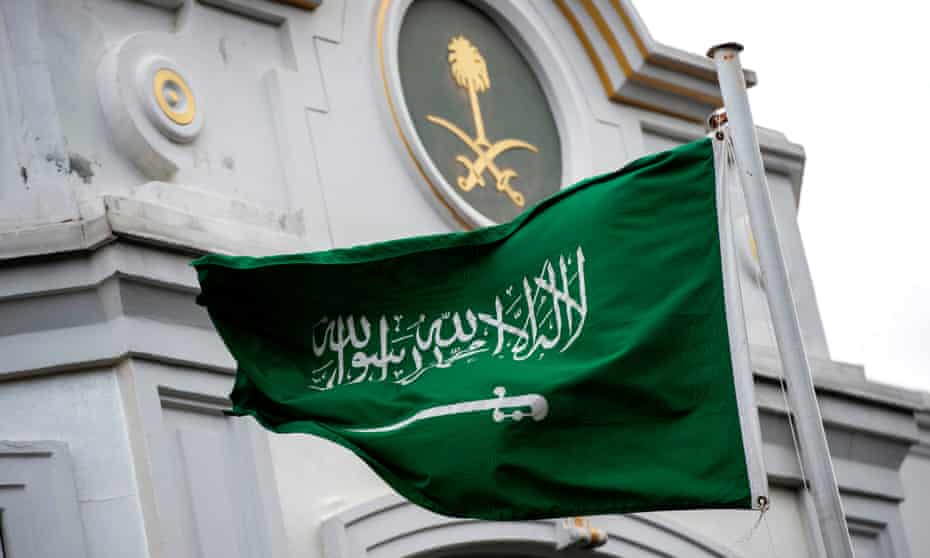 A Saudi Arabia flag flies in front of the Saudi consulate in Istanbul