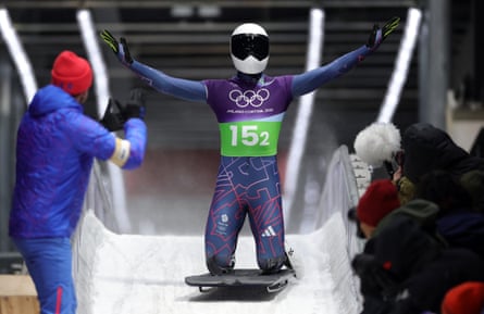 GB’s Matt Weston celebrates after winning gold in the skeleton mixed team.