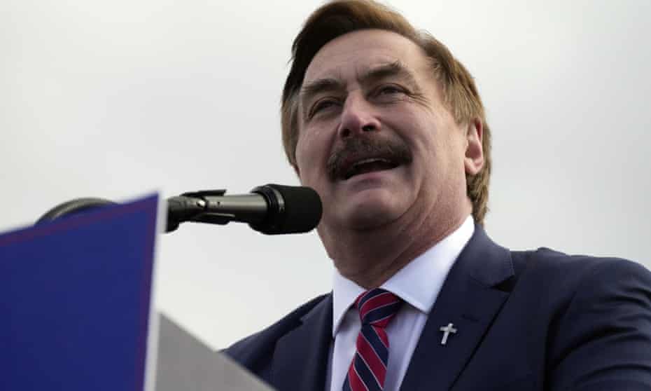 MyPillow CEO Mike Lindell speaks to a crowd gathered to hear former president Donald Trump, on 12 March, in Florence, South Carolina.