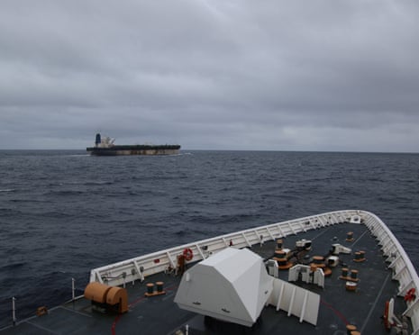 The Russian-flagged oil tanker Marinera seen in the distance in an image released by the US European Command