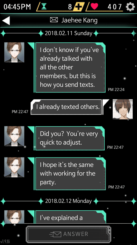 Private chat with Jaehee Kang, the author’s favorite character in Mystic Messenger.