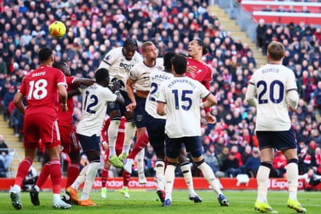 Virgil van Dijk heads a second for Liverpool.
