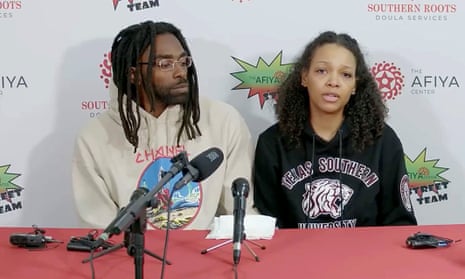 Rodney and Temecia Jackson speak at a news conference at The Afiya Center on 6 April.