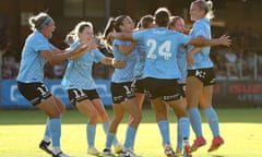 Melbourne City celebrate the goal that sealed first spot in the A-League Women table to claim the Premier’s Plate after Sydney FC collapsed in the final round.