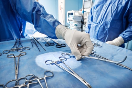 Close-up of sterilised surgical instruments on a medical tray before surgery
