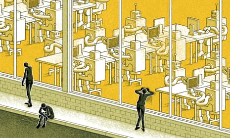 Illustration of human workers ousted by robots, by Matt Kenyon
