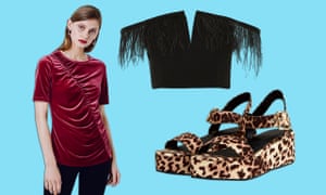 Going out in (clockwise from left): Farrell ruched velvet front T-shirt, £39, Fïnery; Feather trim cropped Bardot top, £39, Topshop and Toucan wedges, £22, asos.com.
