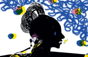 Illustration of woman's head against blue and white background