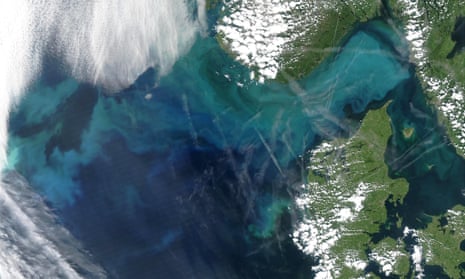Part of the North Sea, covering the Doggerland land bridge, showing present-day Norway, top, and Denmark, below.