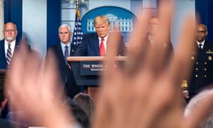 Donald Trump addresses a coronavirus briefing. ‘These are rallies by TV press briefing from the podium and that’s not what it should be,’ said Mike McCurry, who was press secretary to Bill Clinton.