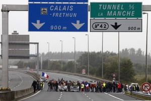 Protestors block the motorway leading to Calais and the Channel tunnel
