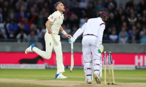 Stuart Broad celebrates the dismissal of West Indies’ Shane Dowrich for the bowler’s 384th Test wicket for England.
