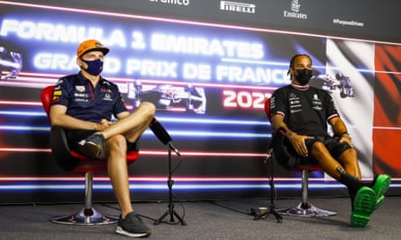 Max Verstappen (left) and Lewis Hamilton field questions before the French Grand Prix.