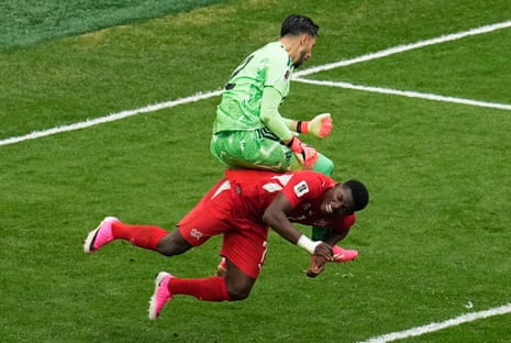 Colombia goalkeeper Camilo Vargas collides with Breel Embolo