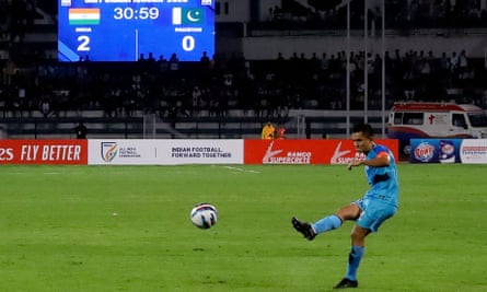 India’s Sunil Chhetri takes a free-kick during June’s South Asian Football Federation Championship match between India and Pakistan