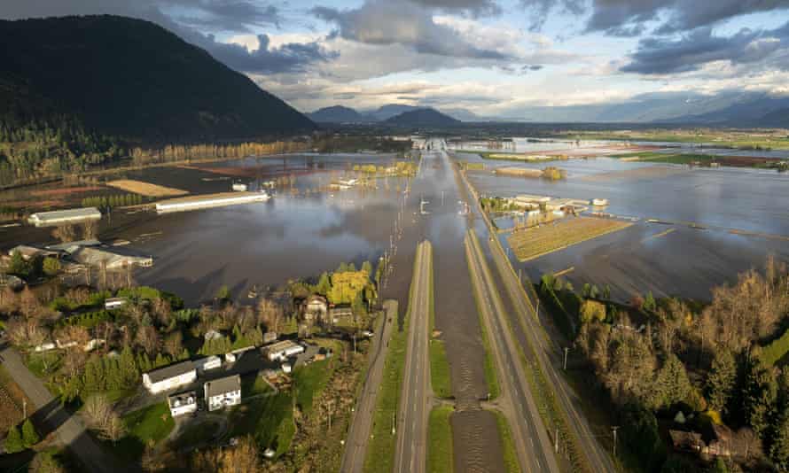 Floodwaters cover Highway 1 in Abbotsford, British Columbia, on 16 November.