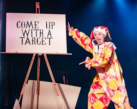 Morven Blackadder as the jester with sign reading 'come up with a target'