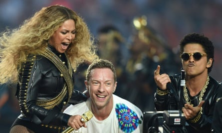 Beyoncé, Chris Martin and Bruno Mars at the 2016 Super Bowl.