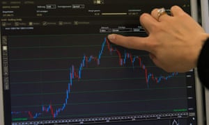 A trader points to the rising gold price on a screen