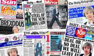 Front pages of UK newspapers after Theresa May’s Brexit speech.