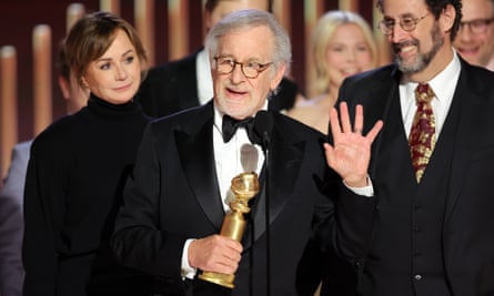 Steven Spielberg Receives His Best Picture Award at the Golden Globes at the Beverly Hilton