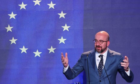 The European Council president, Charles Michel, speaks in the Greek port of Alexandroupolis on Tuesday