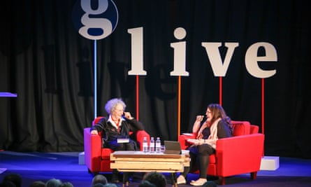 Canadian author Margaret Atwood in discussion with British novelist Naomi Alderman at a Guardian Live event at the Emmanuel Centre in Westminster, 29 September 2015.
