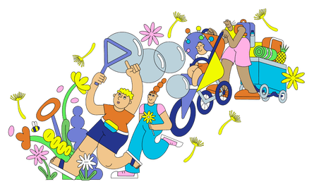 Illustration is bright and colourful and depicts a family of mix ages in a line, blowing bubbles and looking happy and having fun. Once family member is pushing a pushchair with a child in and pulling a festival trolly filled with festival items, including a roll mat, a pineapple and a cool-box. There are followers, plants and bees and lots of pollen floating over their heads.