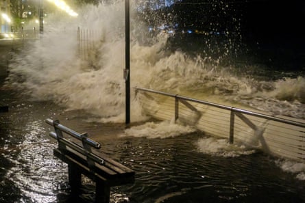 Heavy waves in Hong Kong’s Heng Fa Chuen residential district as Super Typhoon Ragasa approaches.