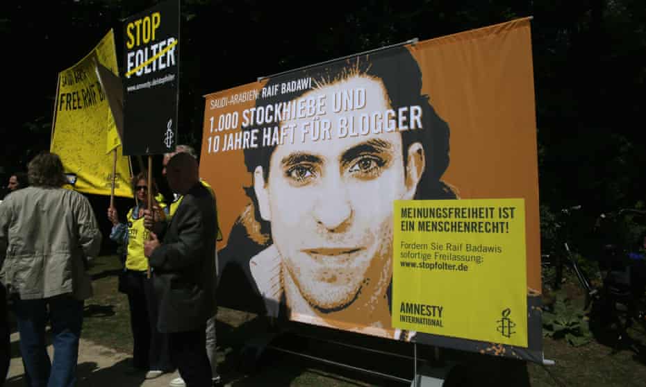 A protest in front of the embassy of Saudi Arabia in Berlin, to demand the release of Saudi Arabian blogger and activist Raif Badawi, who was jailed in 2012 and sentenced to 1,000 lashes for insulting Islam. 