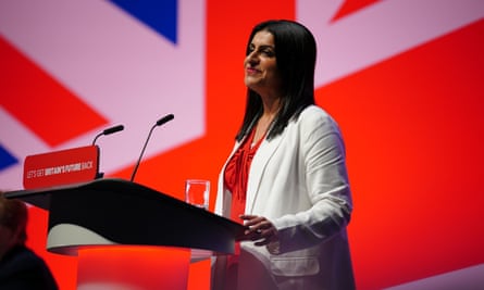Shabana Mahmood, the shadow justice secretary, delivers a speech against a union jack backdrop.