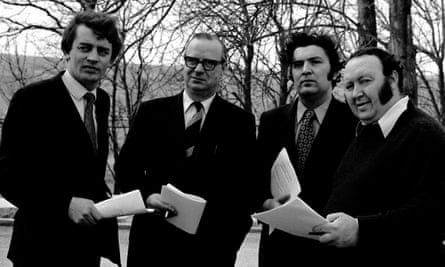Austin Currie. left, with fellow leaders of the Socialist Democratic Labour party (SDLP) in 1973. From left: Gerry Fitt, John Hume and Paddy Devlin.