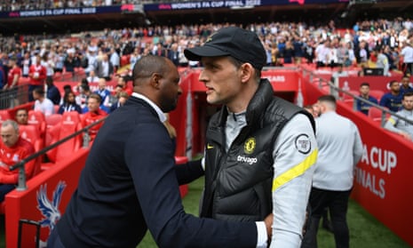 Chelsea Manager Thomas Tuchel, embraces Patrick Vieira, Manager of Crystal Palace.