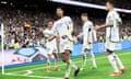 Jude Bellingham of Real Madrid celebrates scoring against Barcelona in April