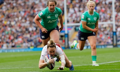 Megan Jones of England scores her team's ninth try during the Guinness Women's Six Nations 2024 match against Ireland.