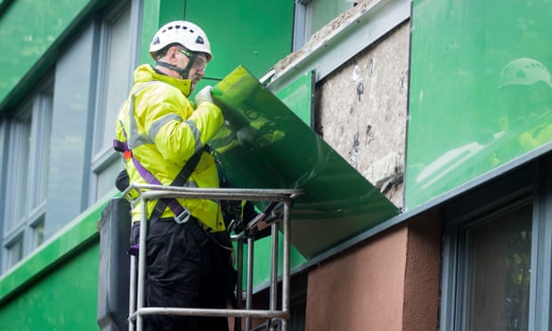 Cladding being removed from Hanover tower block in Sheffield, Yorkshire. 