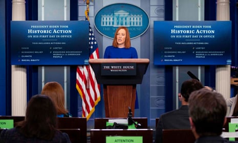 White House Press Secretary Jen Psaki speaks as she holds the first press briefing of Joe Biden’s presidency on January 20, 2021, in the Brady Briefing Room of the White House in Washington, DC on the day of his inauguration.