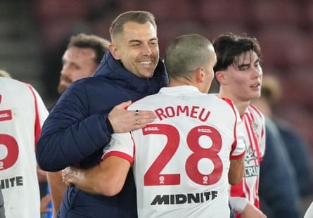 Tonda Eckert celebrates with Oriol Romeu after Southampton’s 3-1 win over Birmingham.